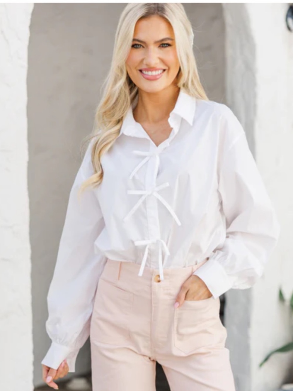 Women’s White bow front Button Down Shirt